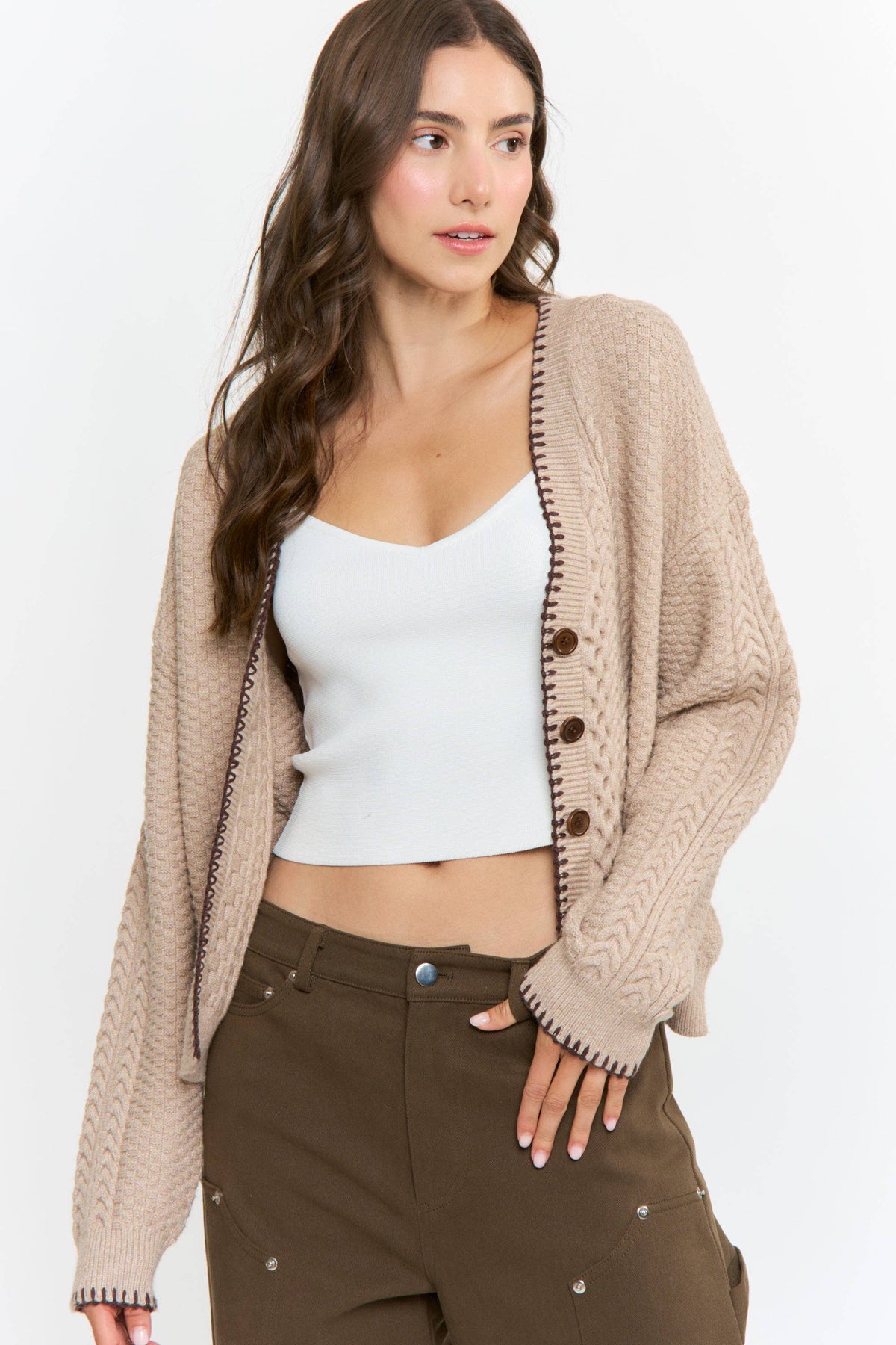 Mocha Cable Knit Button-Down Cardigan