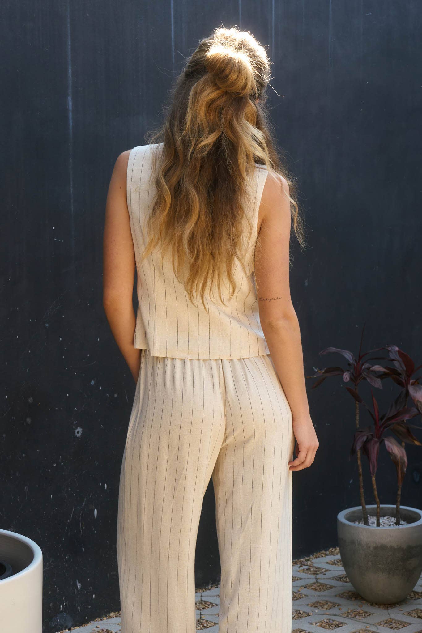 Pinstripe Tie Front Linen Blend Vest