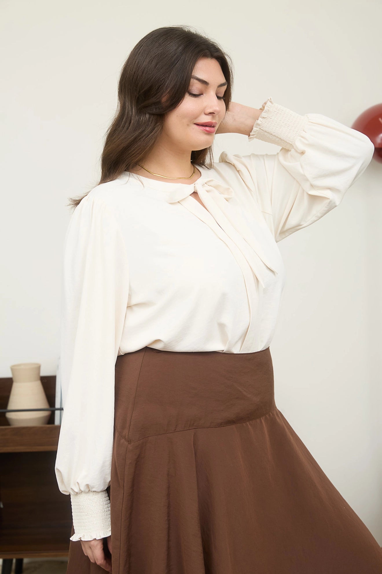 Cream Bow High Neck Blouse | Curvy