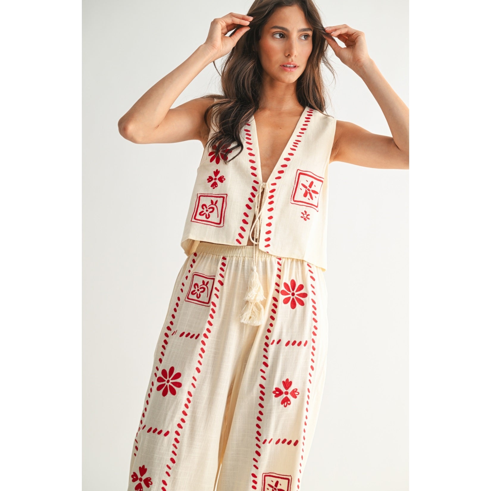 Linen Blend Chic Embroidered Two-Piece Set
