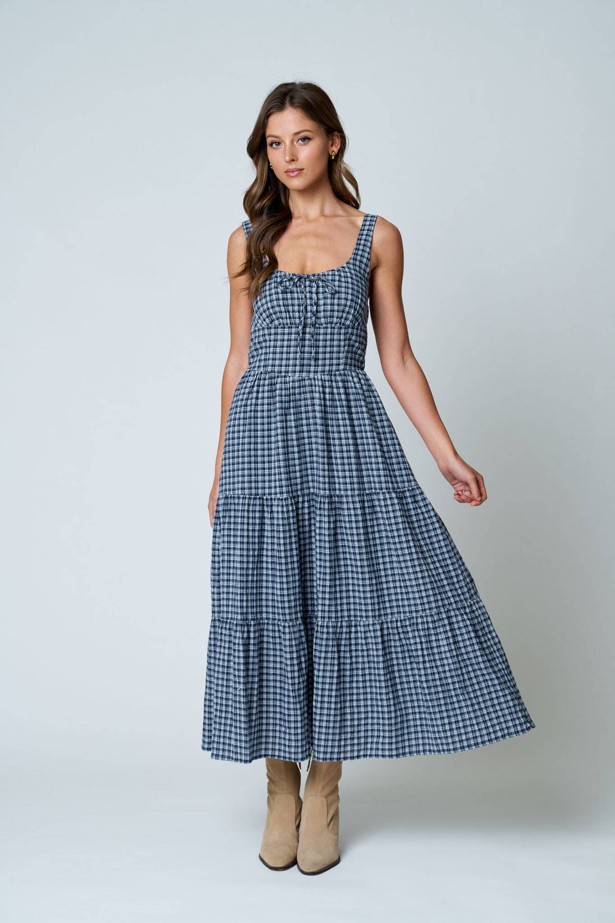 PLAID FRONT TIE CORSET MIDI DRESS