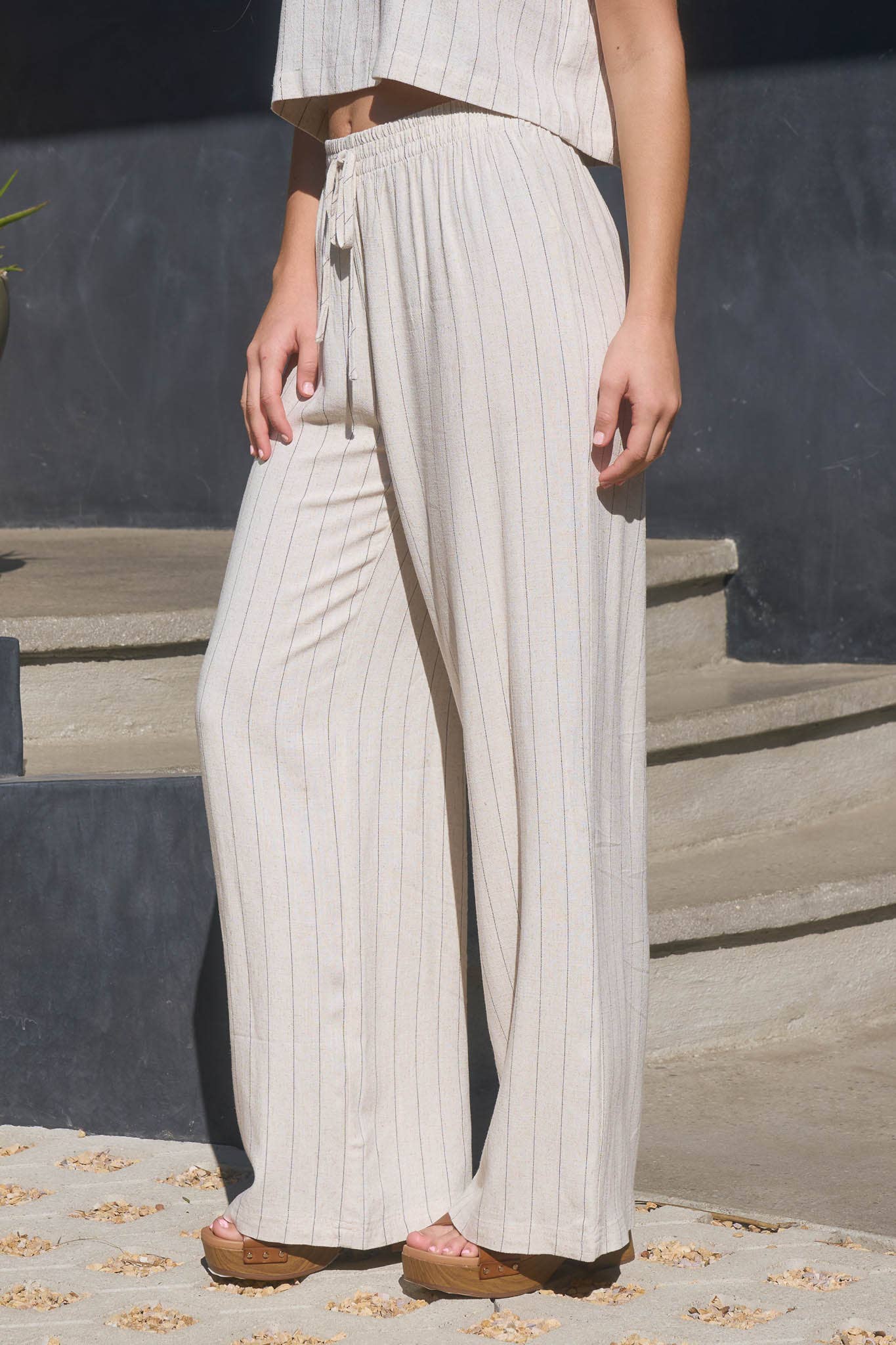 Pinstripe Wide Leg Linen Blend Pants