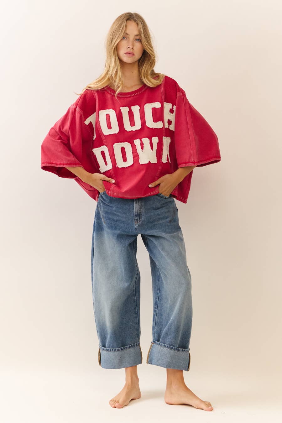 Red TOUCHDOWN Oversized Short Sleeve Sweatshirt