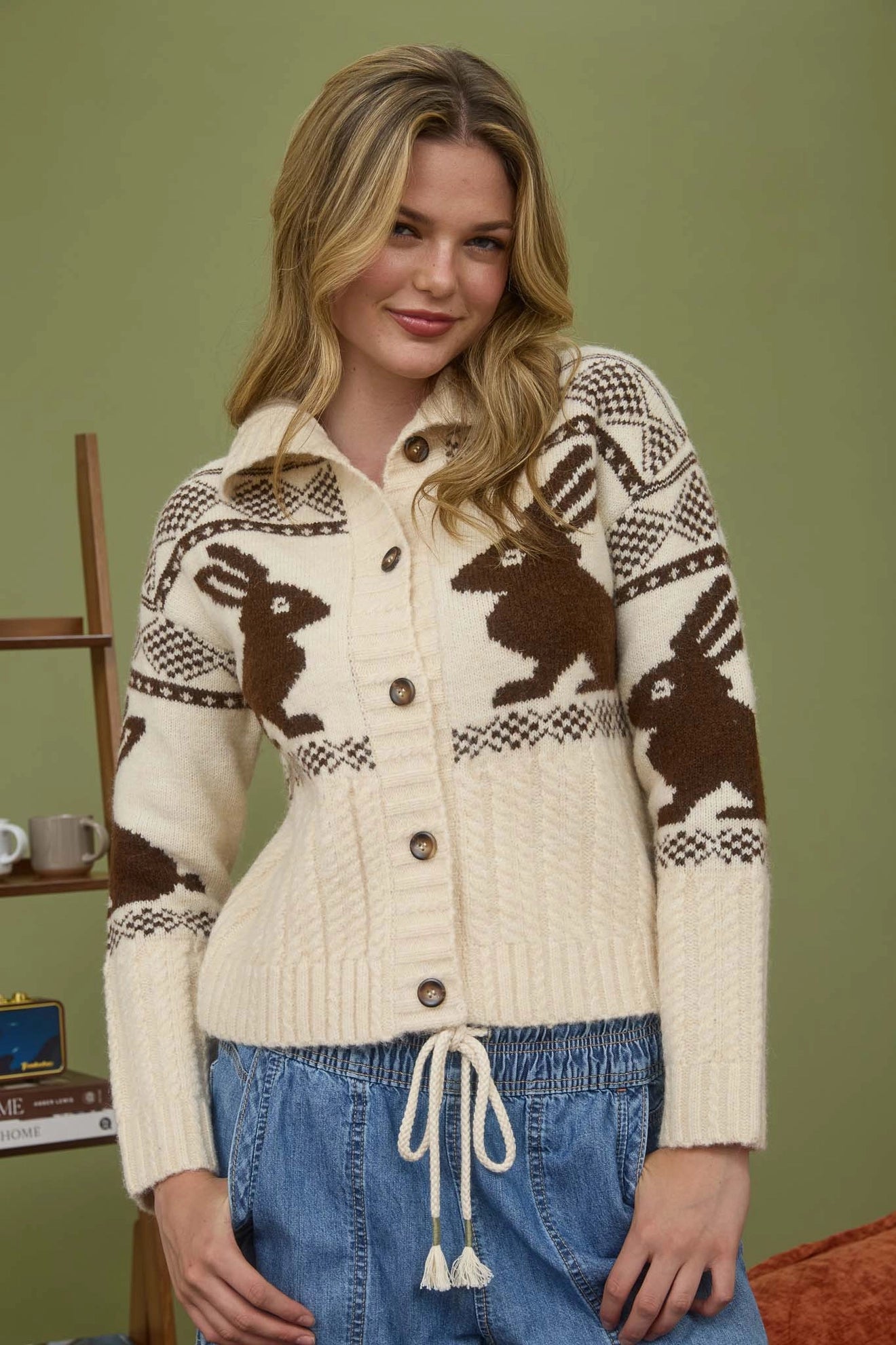 Cream Jacquard Bunny Button Front Cardigan