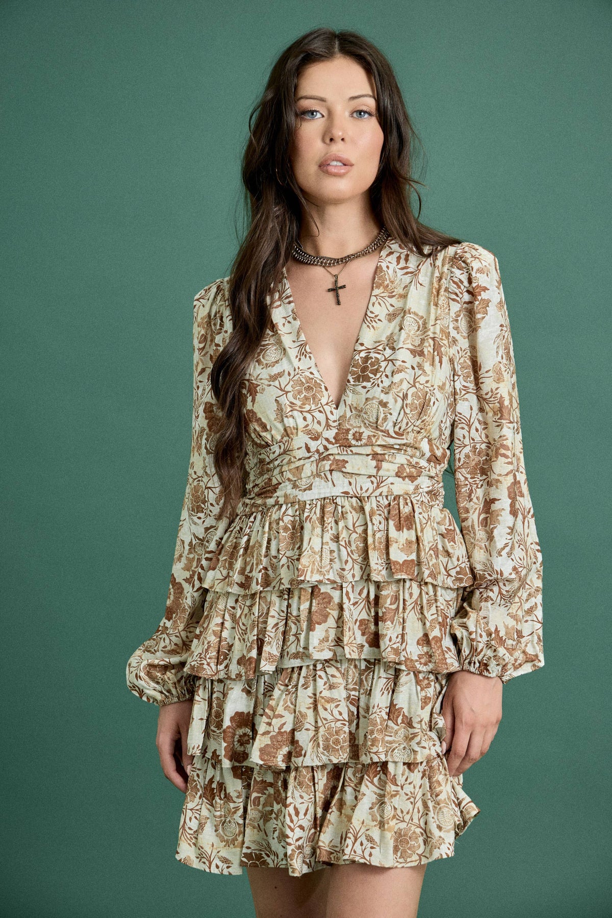 Brown Floral Print Ruffle Mini Dress