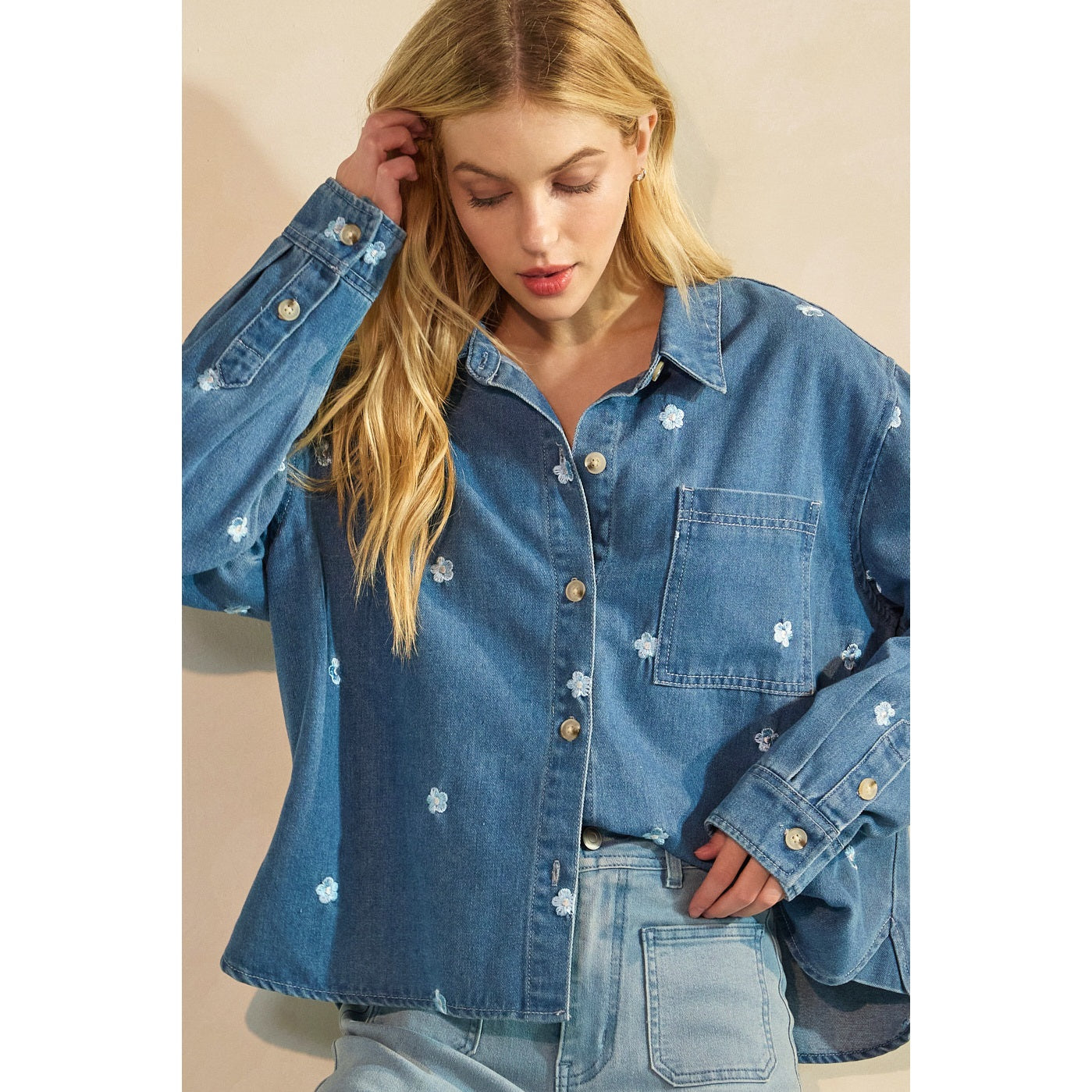 Embroidered Flower Denim Button Down Shirt