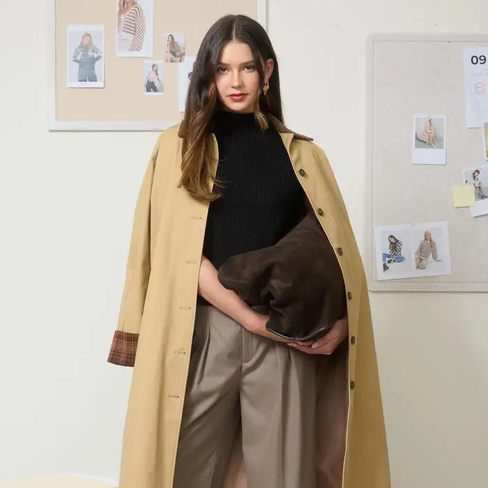 Tan Trench Coat with Plaid Detail