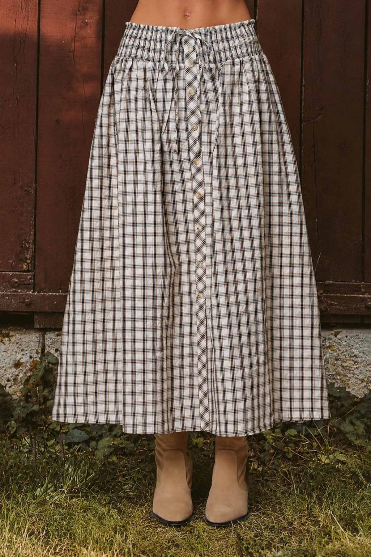 Brown Plaid Smocked Waist Midi Skirt