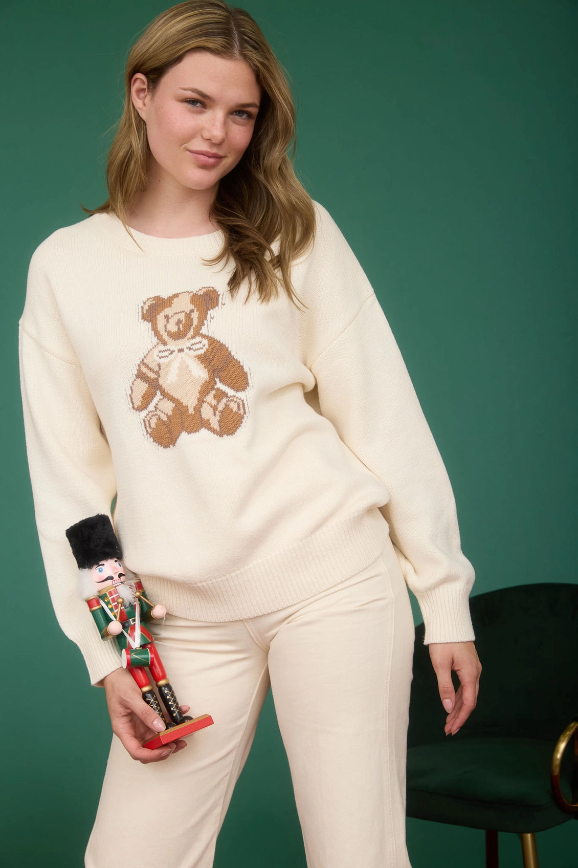 Teddy Jacquard Crew Neck Knit Sweater