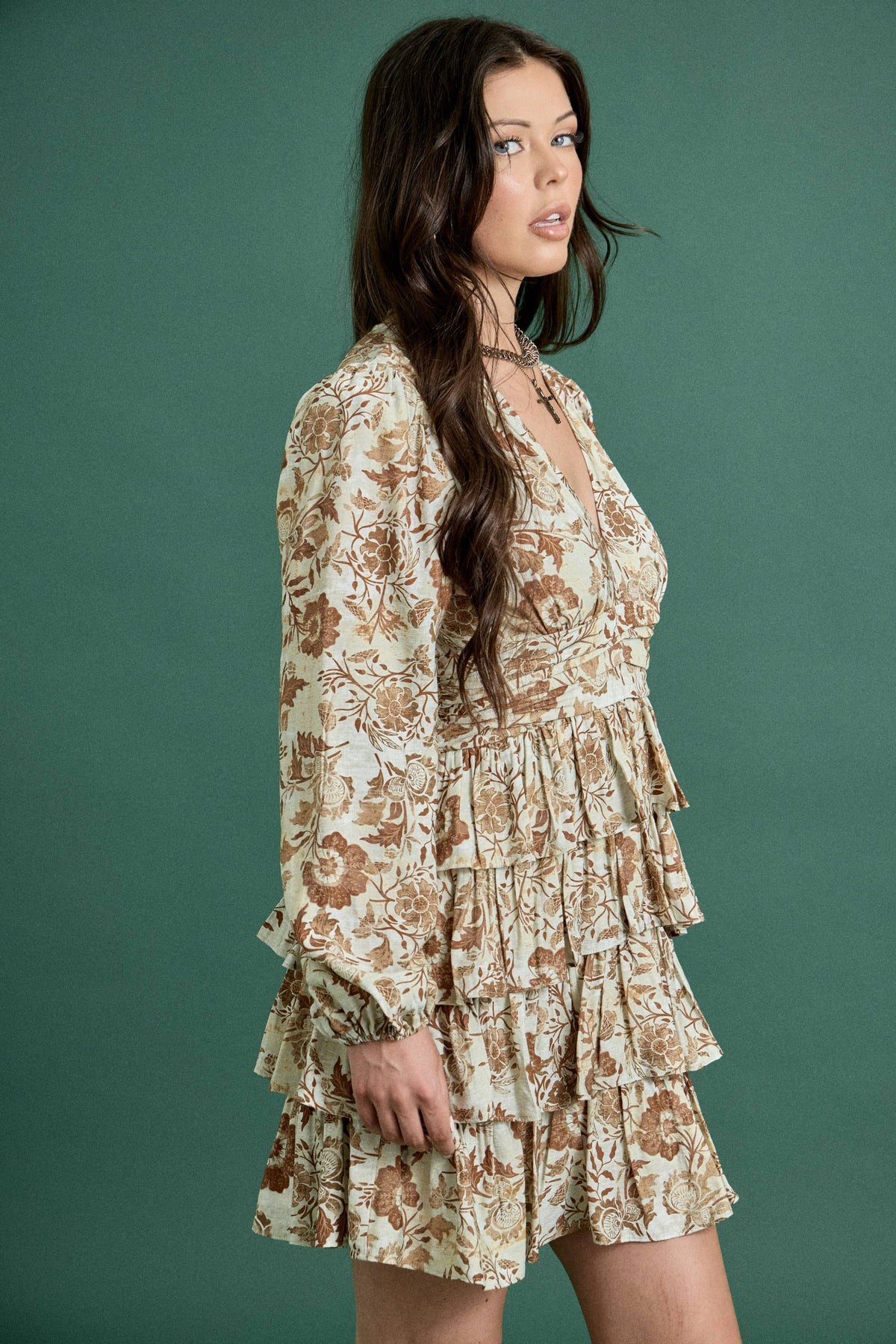 Brown Floral Print Ruffle Mini Dress