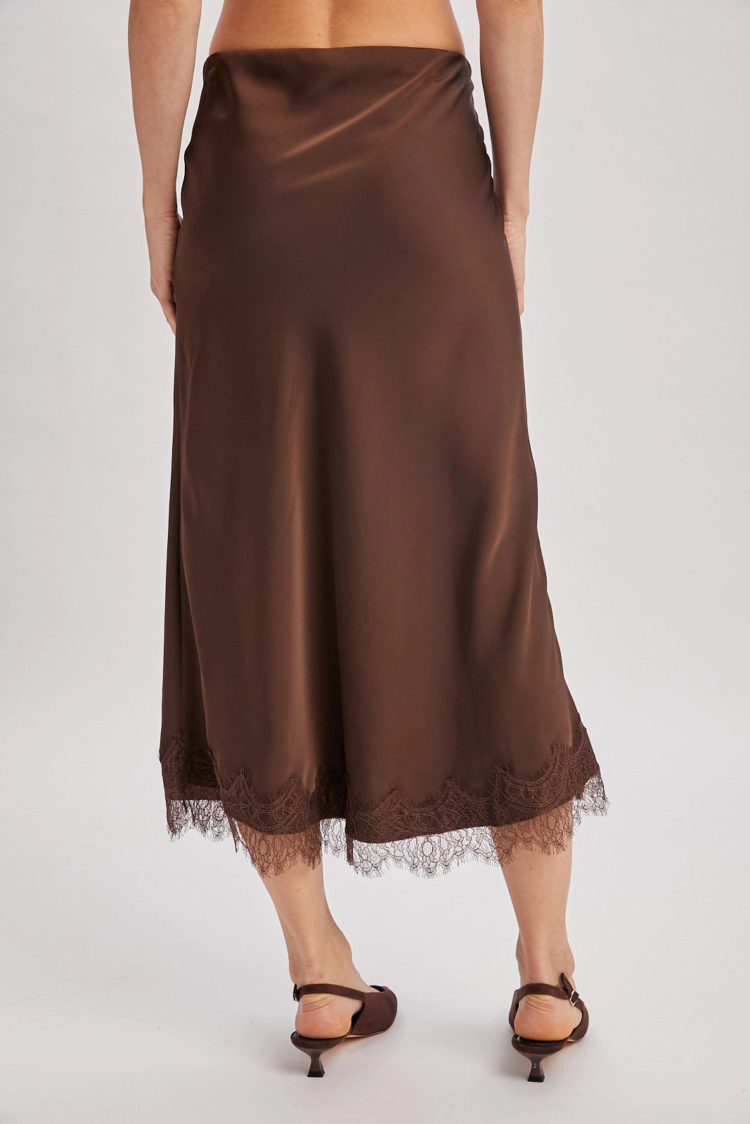 Satin Lace Trimmed Midi Skirt