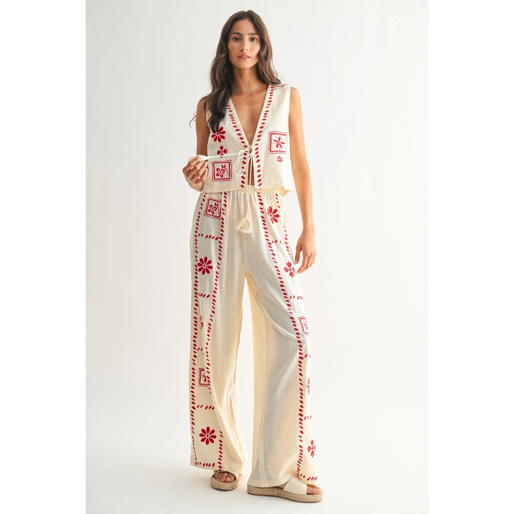 Linen Blend Chic Embroidered Two-Piece Set