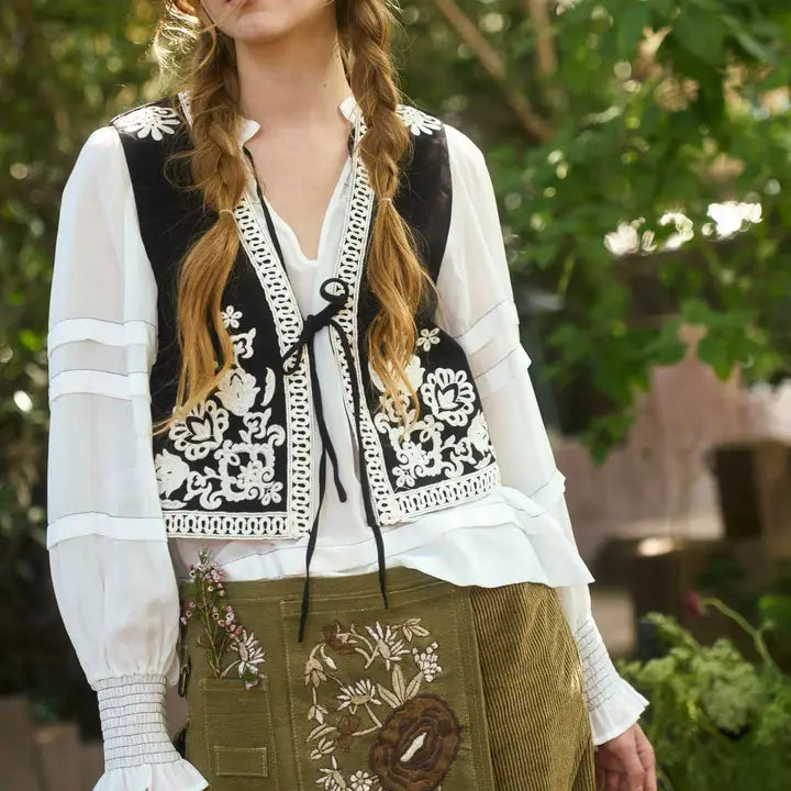 Floral Embroidery Tie-Front 70's Vest