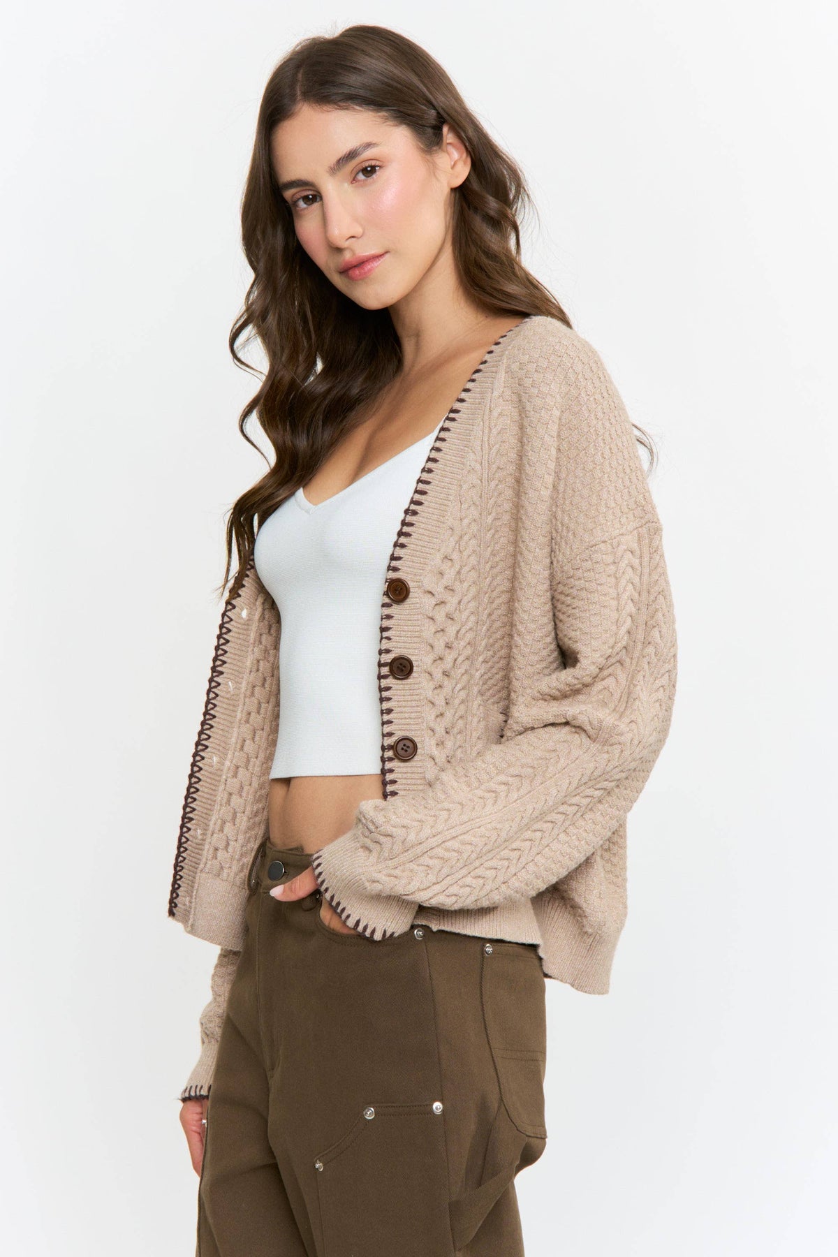 Mocha Cable Knit Button-Down Cardigan