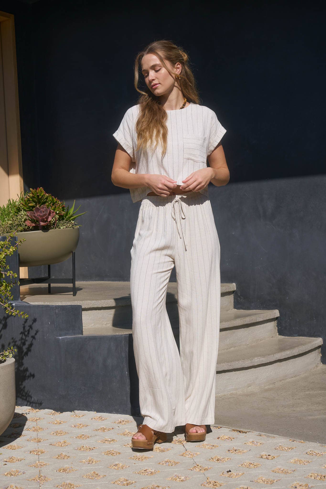 Pinstripe Wide Leg Linen Blend Pants