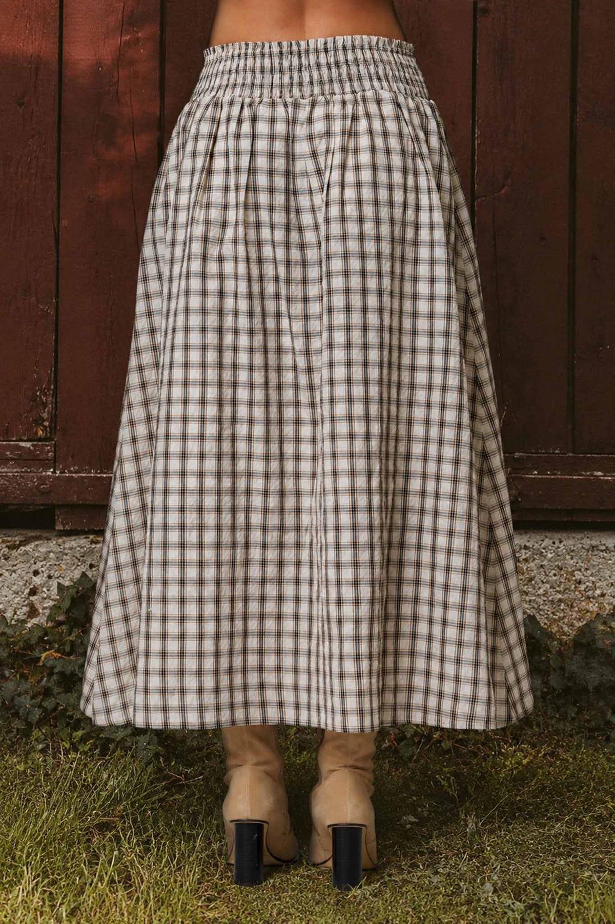 Brown Plaid Smocked Waist Midi Skirt