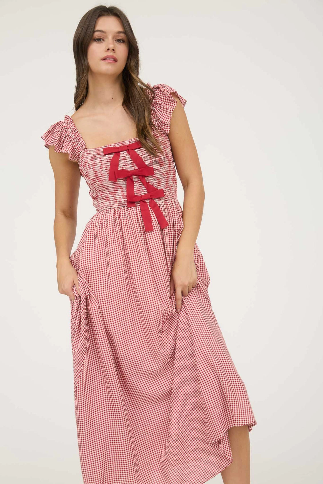 Red Gingham Bow Detail Christmas Maxi Dress