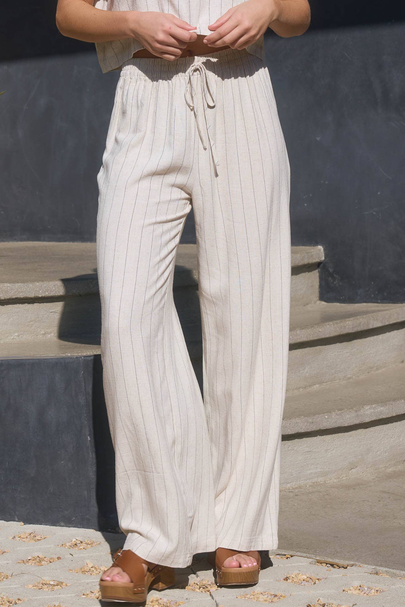 Pinstripe Wide Leg Linen Blend Pants
