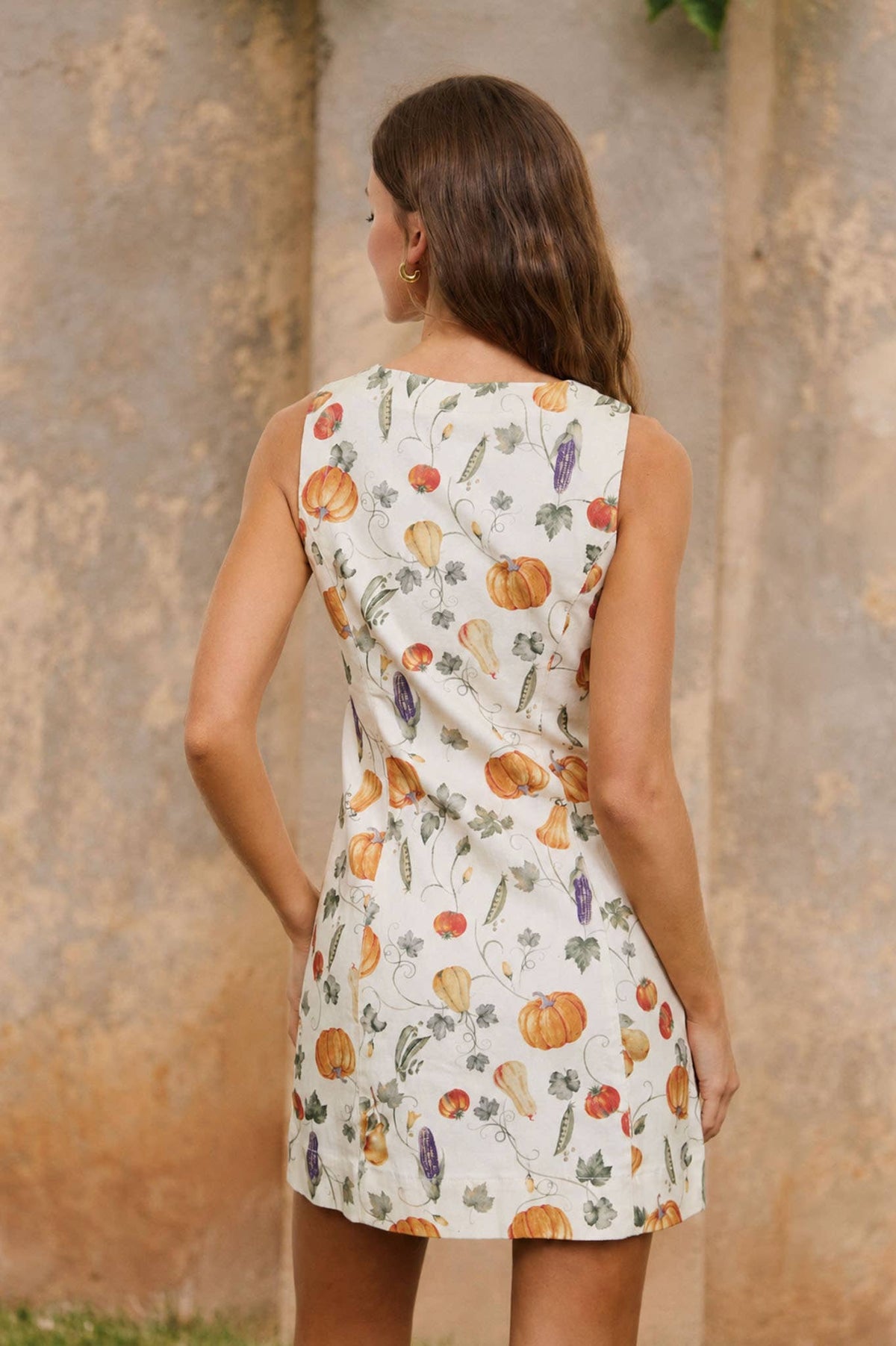 FALL PATTERN SLEEVELESS BUTTON DOWN MINI DRESS