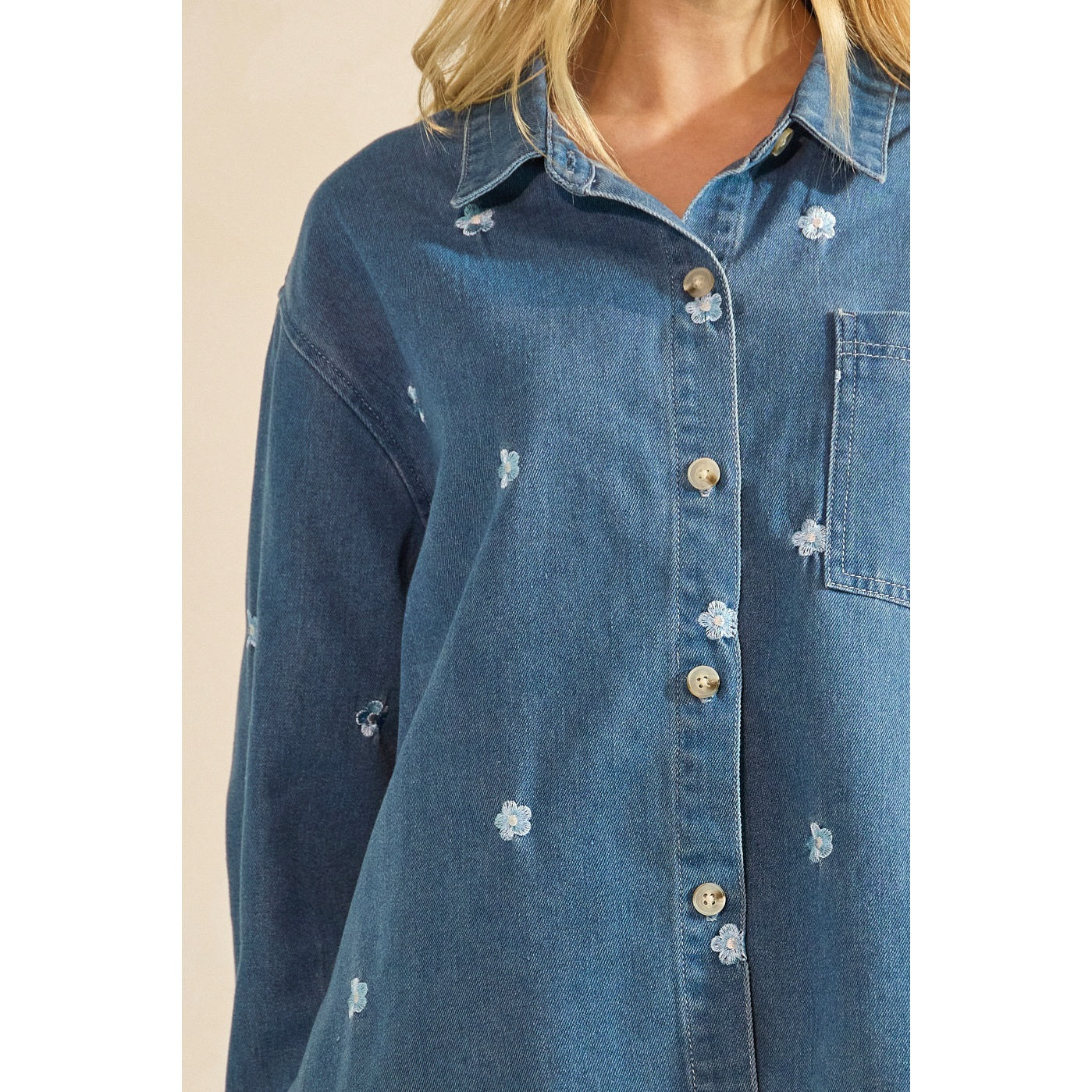 Embroidered Flower Denim Button Down Shirt