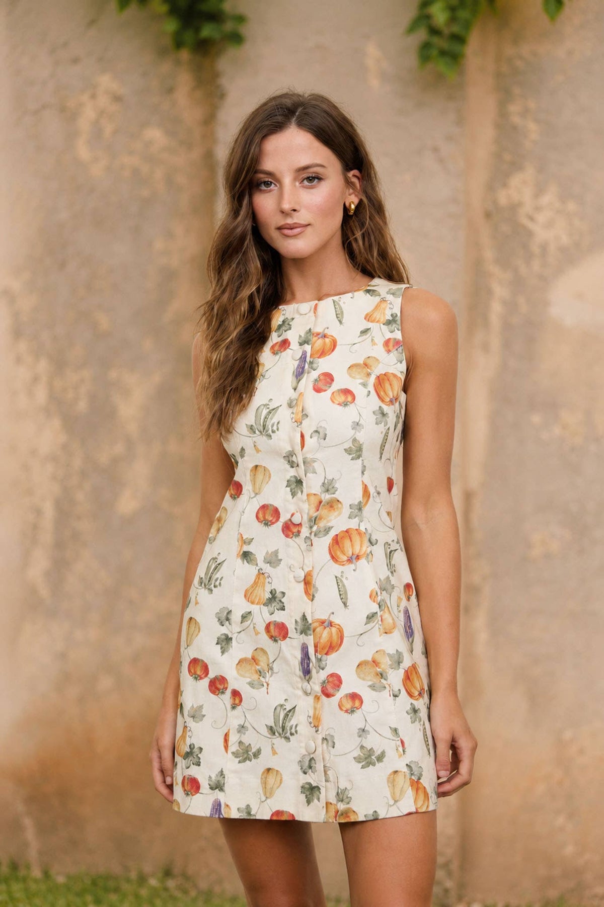 FALL PATTERN SLEEVELESS BUTTON DOWN MINI DRESS