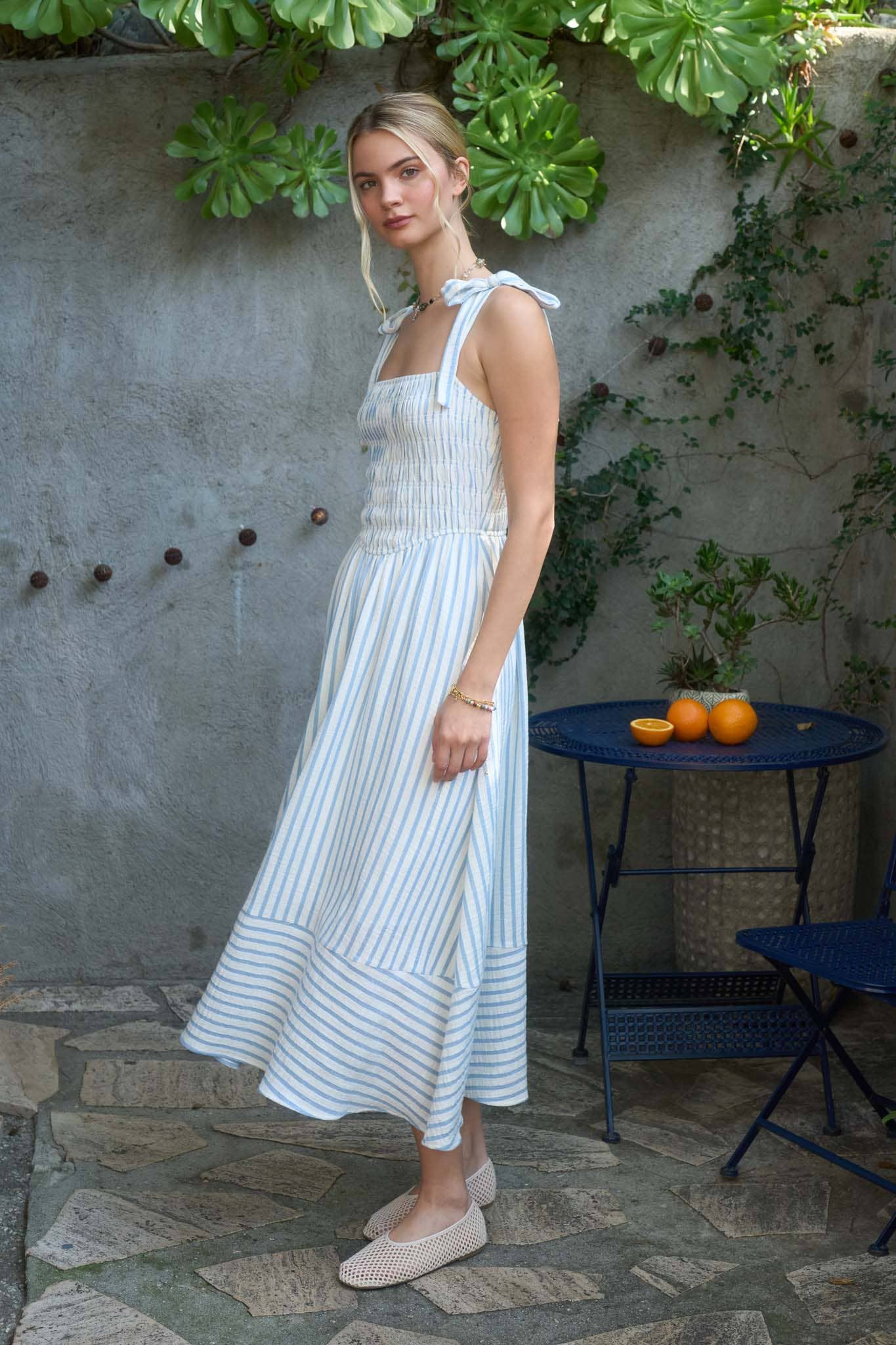 Striped Tie Strap Basque Waist Dress