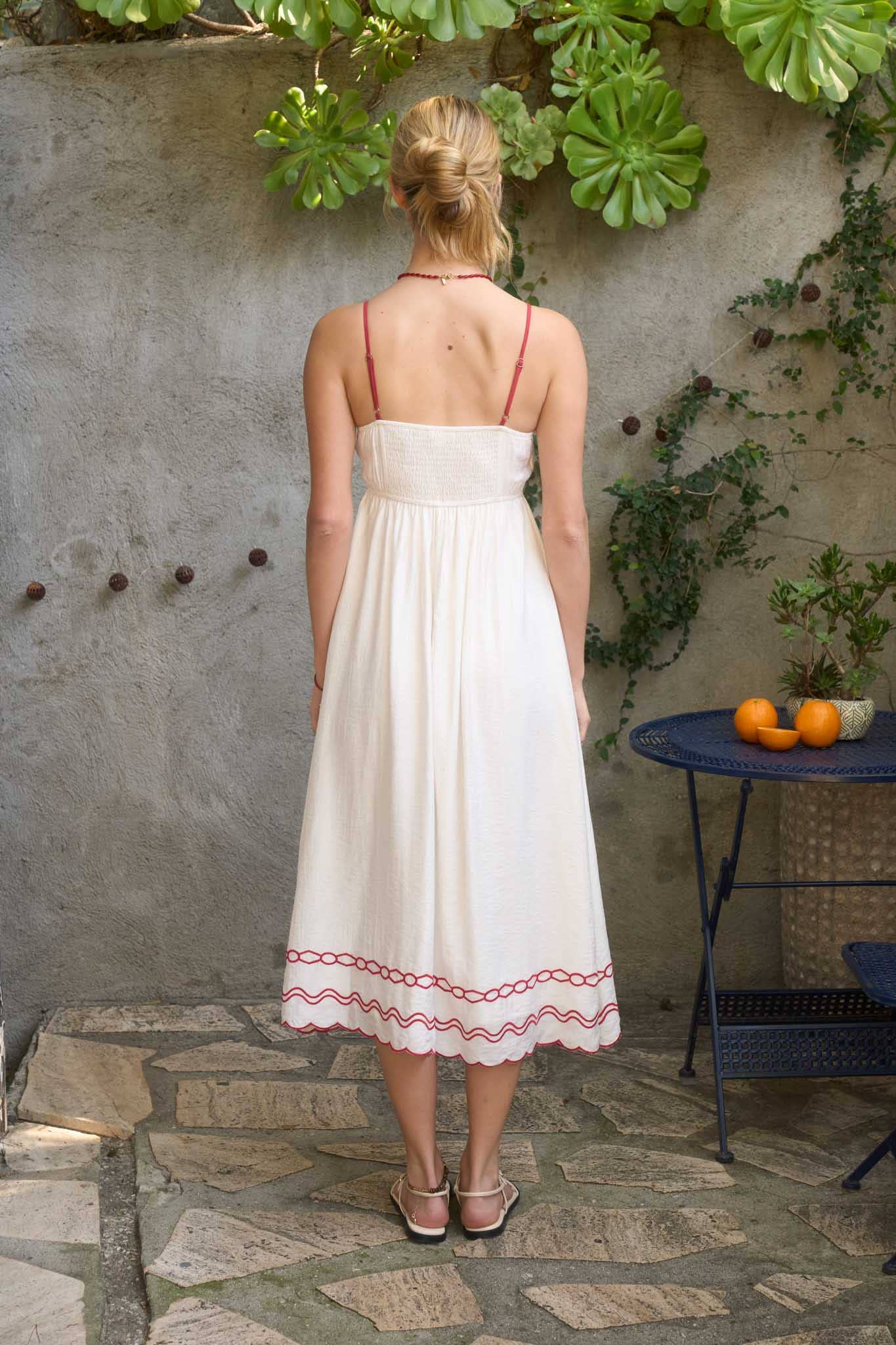 FLORAL EMBROIDERY SCALLOPED MIDI DRESS
