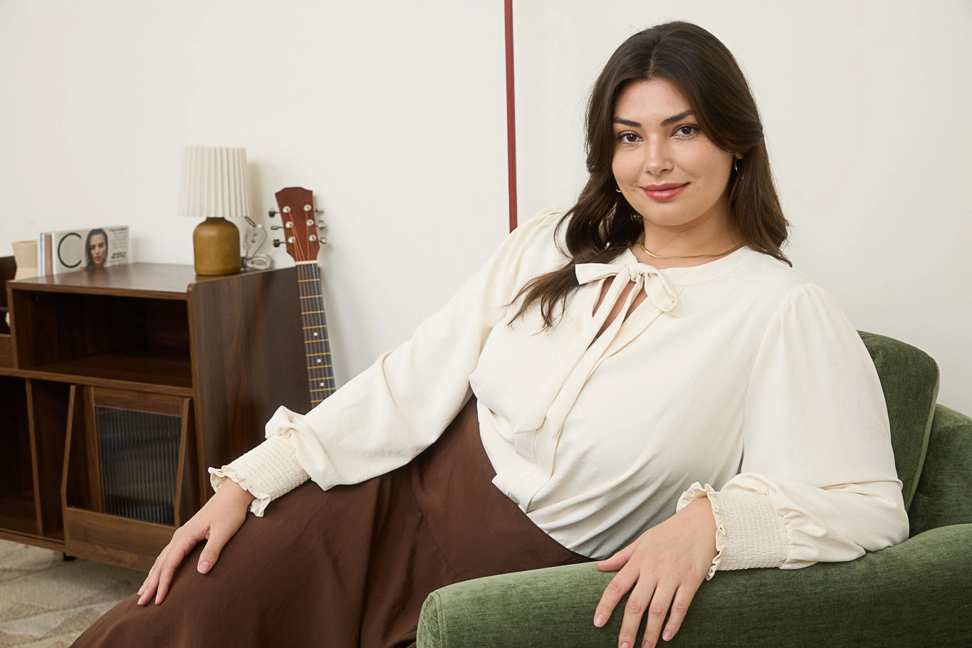 Cream Bow High Neck Blouse | Curvy