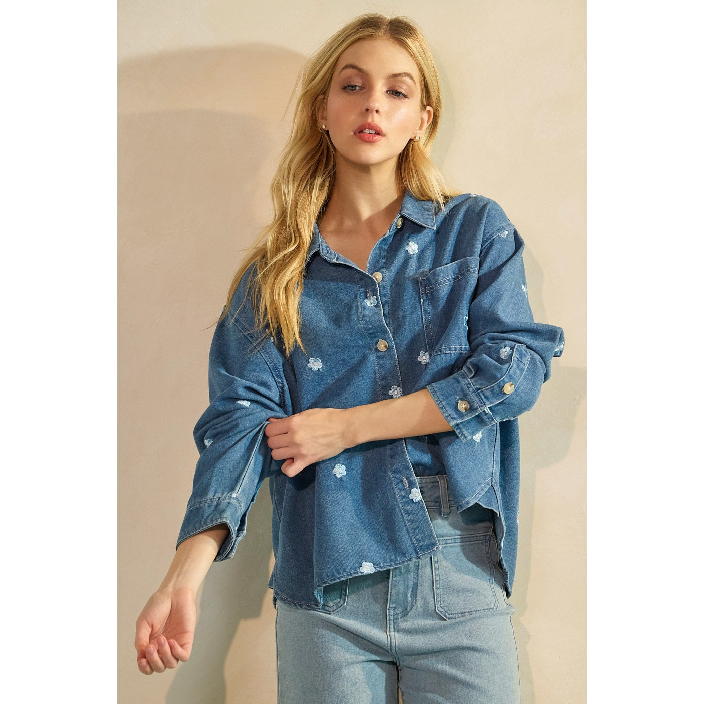 Embroidered Flower Denim Button Down Shirt