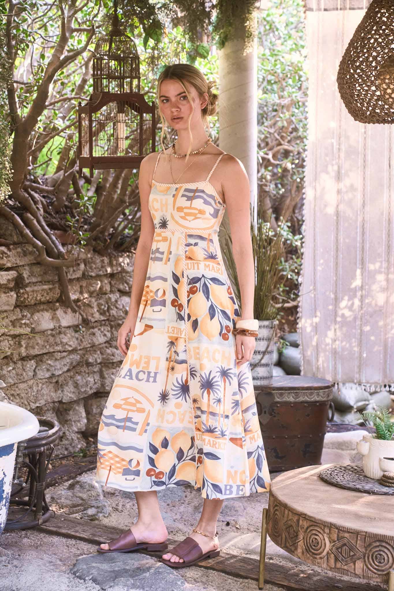 BEACH GRAPHIC SPAGHETTI STRAP MIDI DRESS-backorder