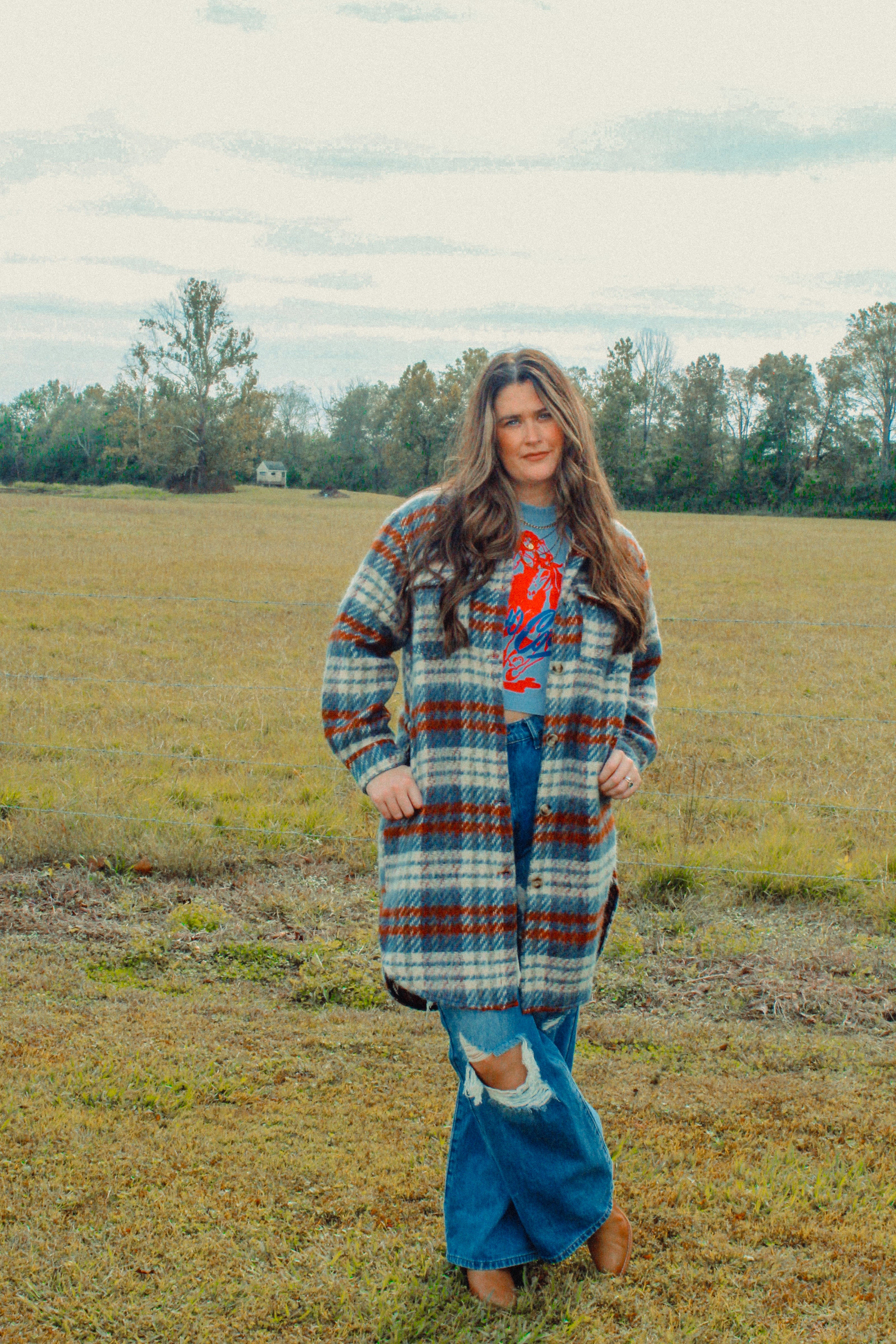 Teal Plaid Long Shirt Jacket