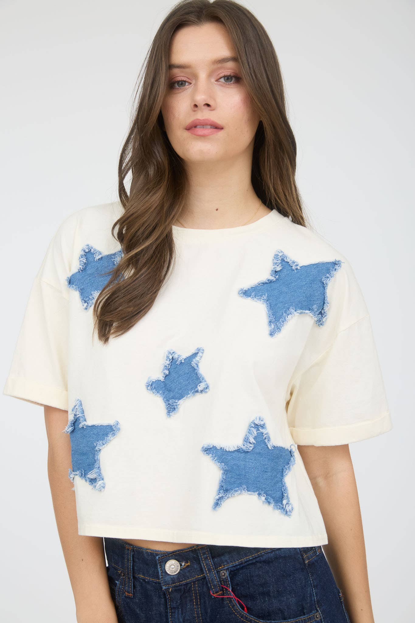 DENIM STAR PATCH SHORT SLEEVE KNIT T-SHIRT