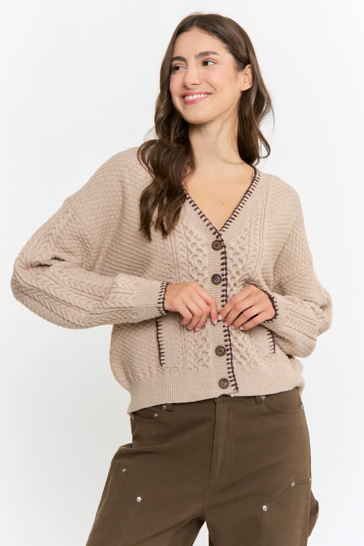 Mocha Cable Knit Button-Down Cardigan
