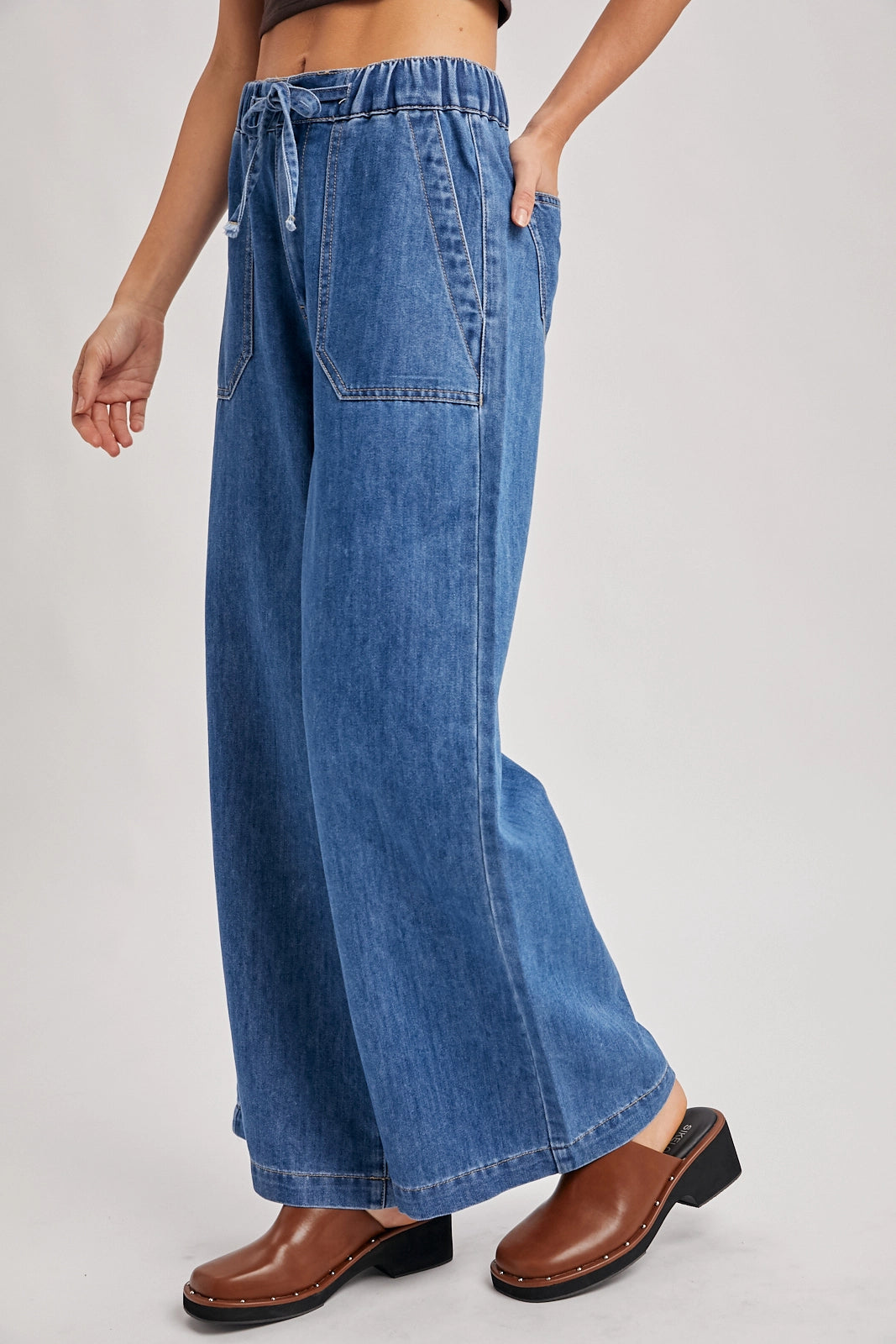 Wide Leg Drawstring Waist Denim Pants