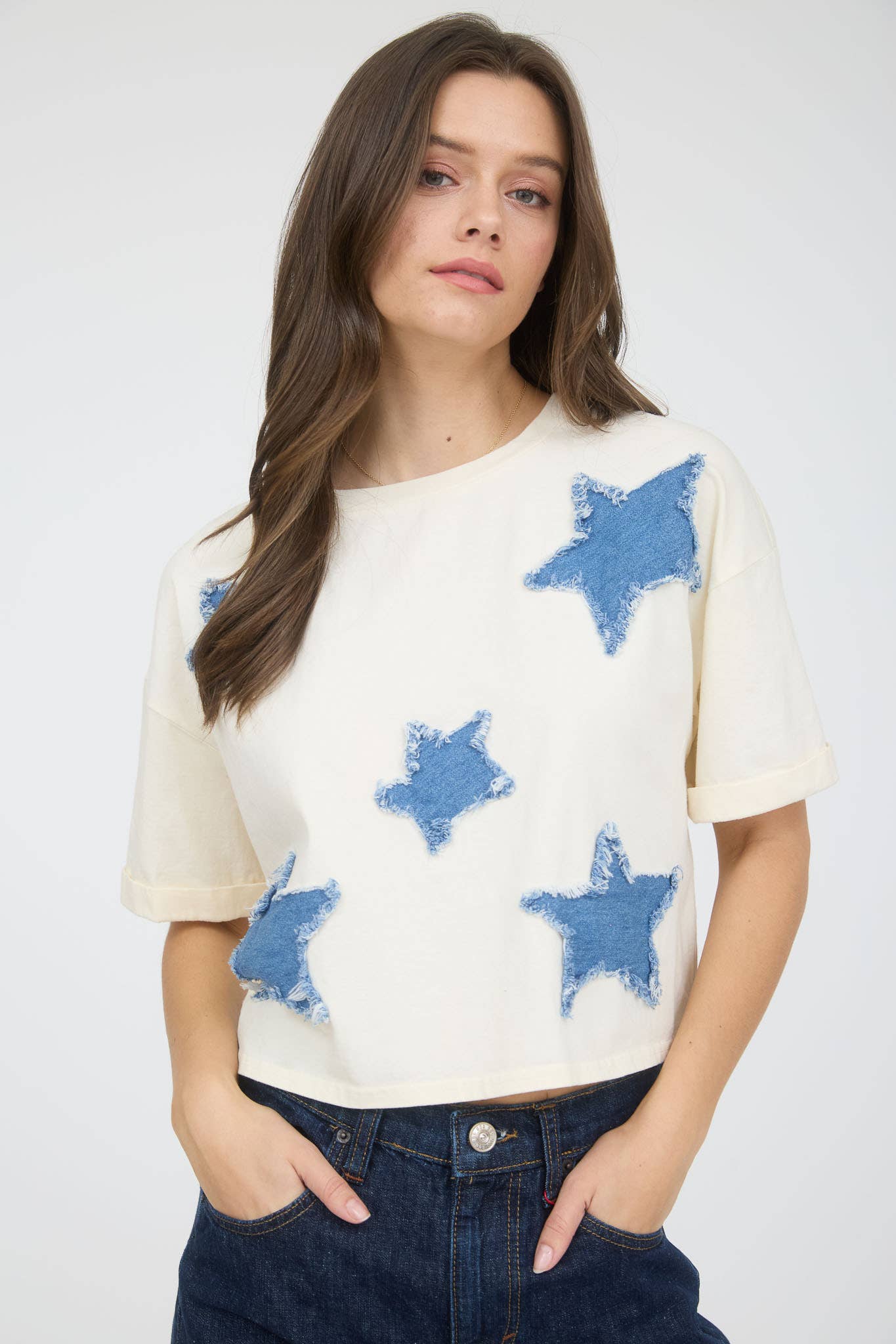 DENIM STAR PATCH SHORT SLEEVE KNIT T-SHIRT