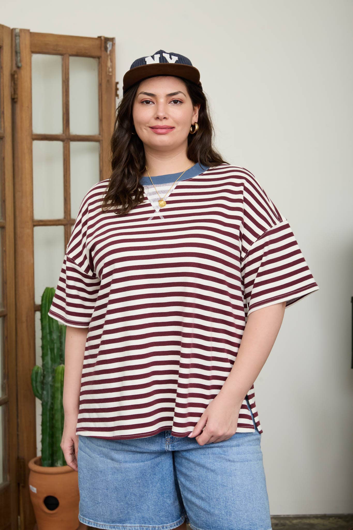 Curvy Striped Colorblock Knit T-Shirt