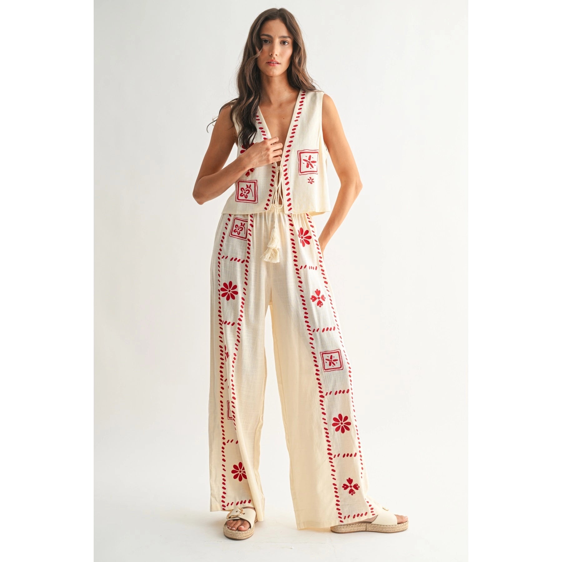 Linen Blend Chic Embroidered Two-Piece Set