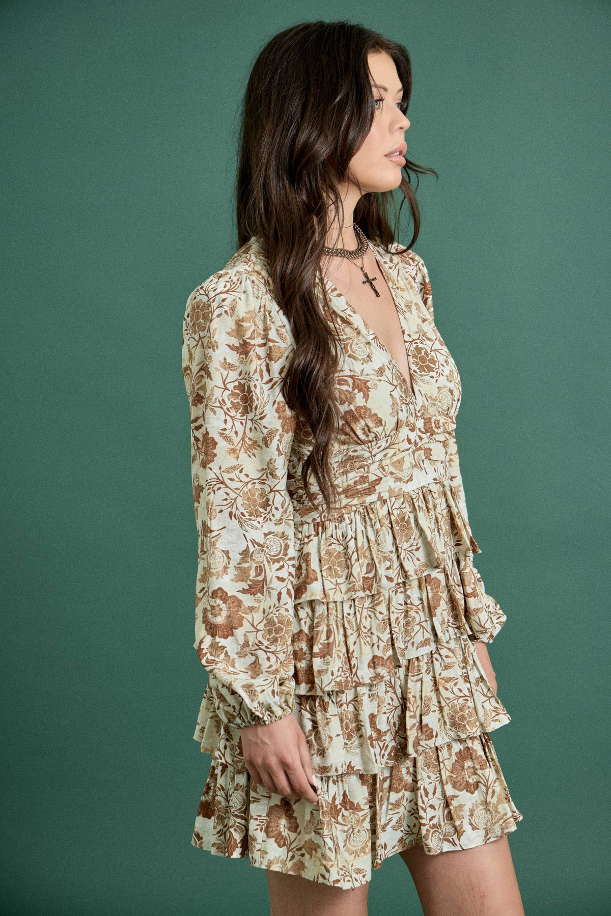 Brown Floral Print Ruffle Mini Dress