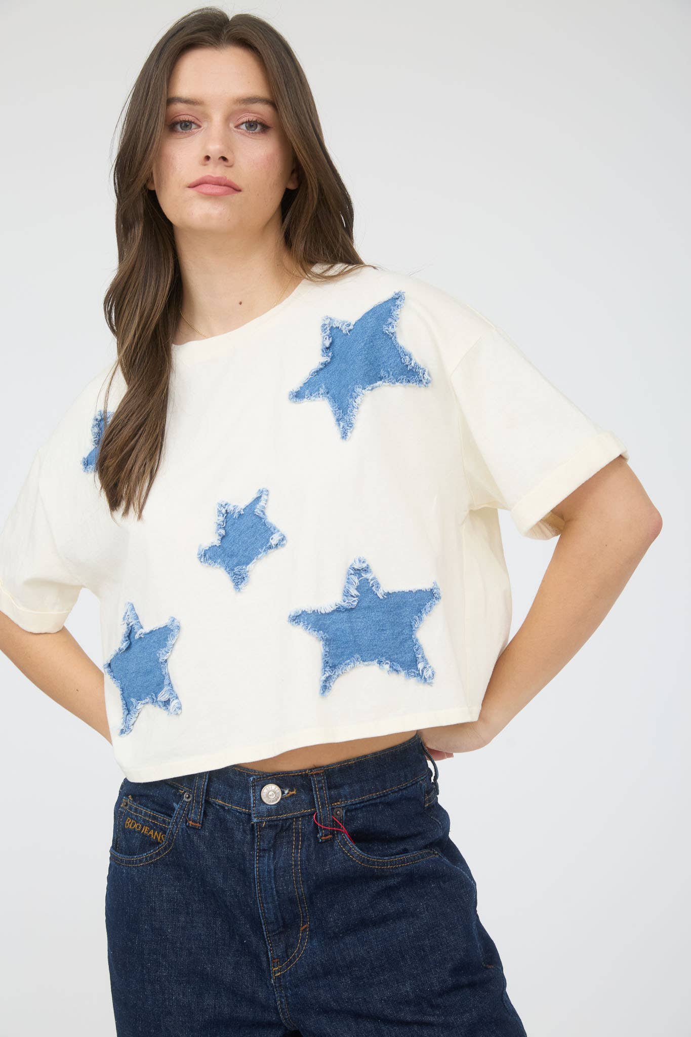 DENIM STAR PATCH SHORT SLEEVE KNIT T-SHIRT
