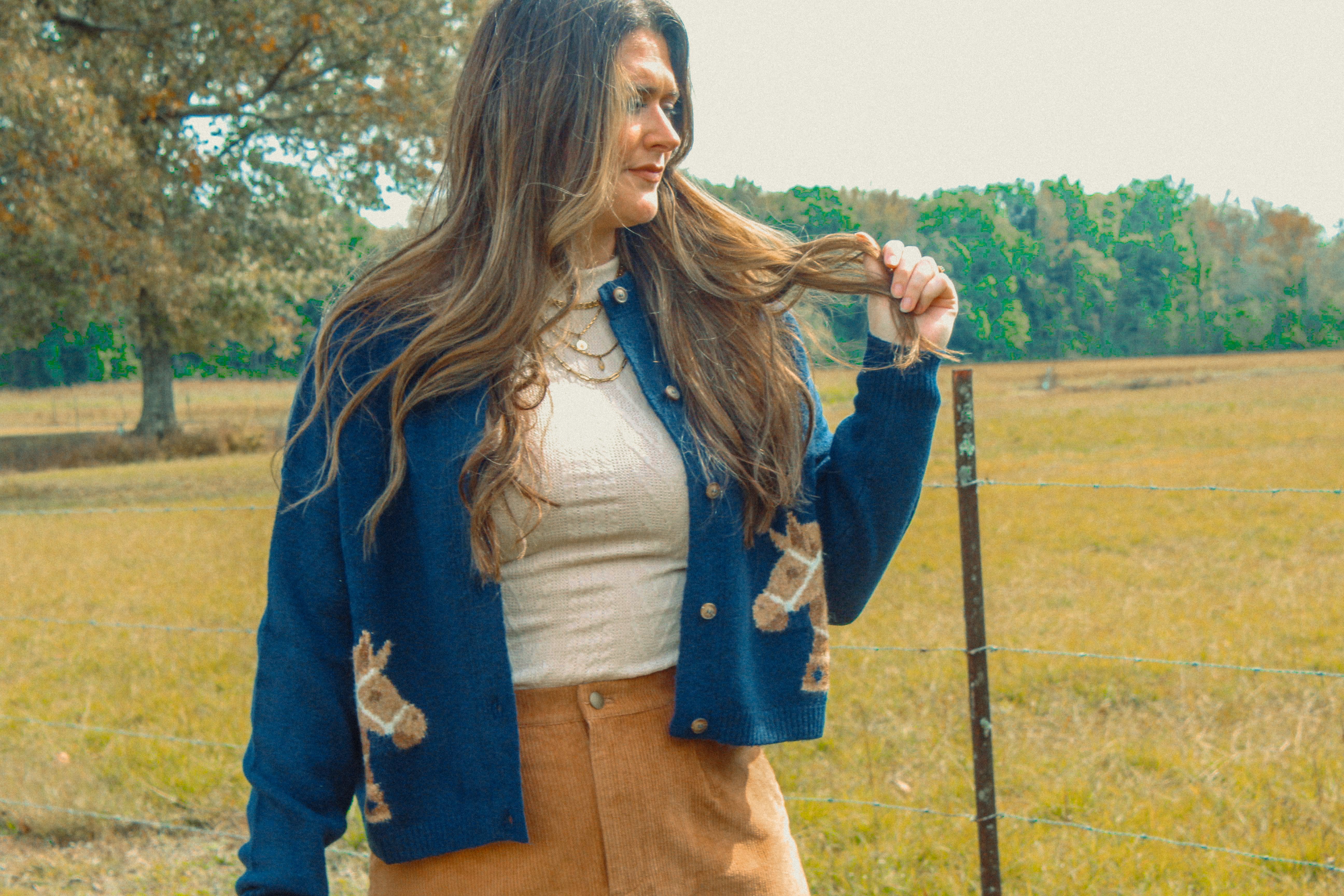Navy Horse Button Front Cardigan