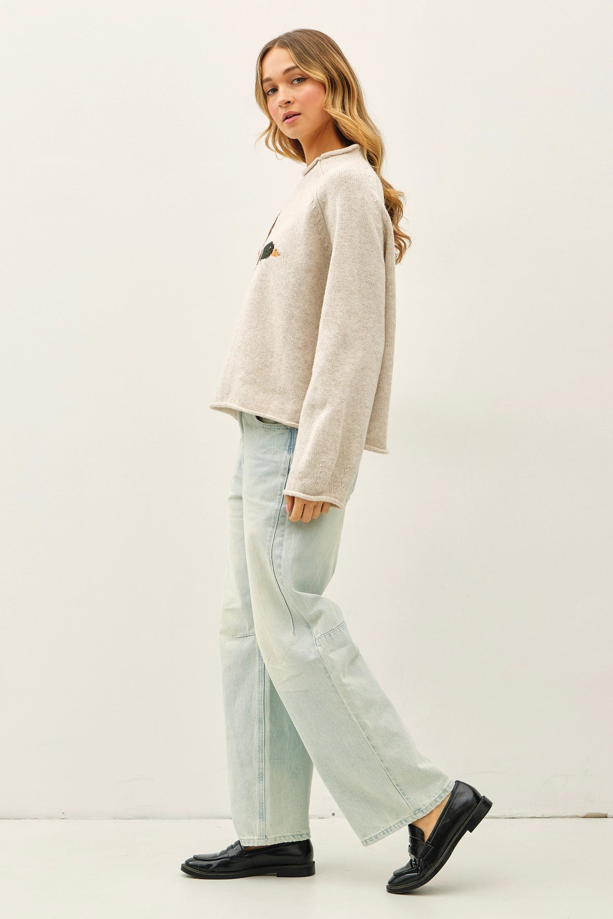 Duck Motif Roll Neck Knit Sweater