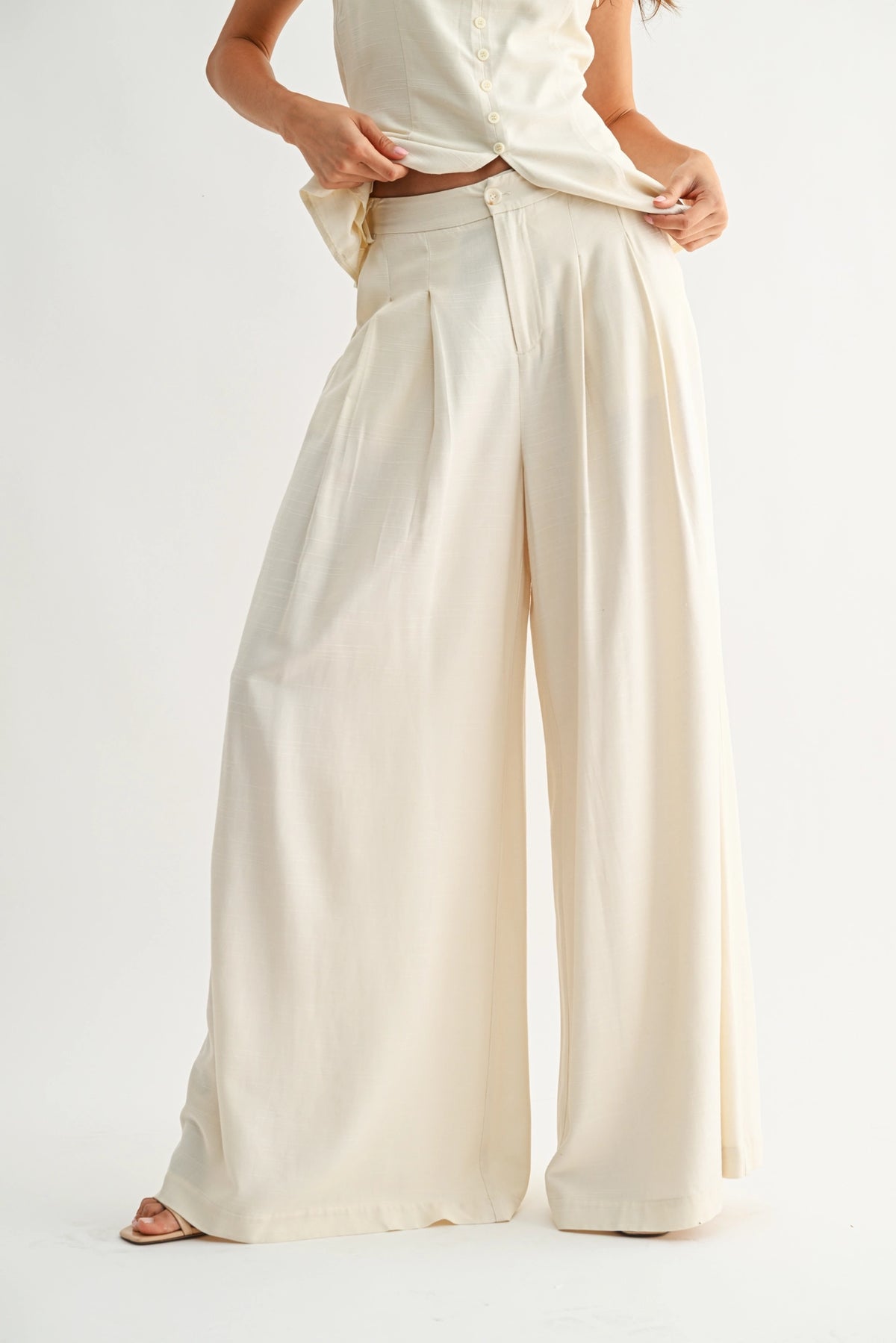 Linen Blend Wide-Leg Pleated Trousers