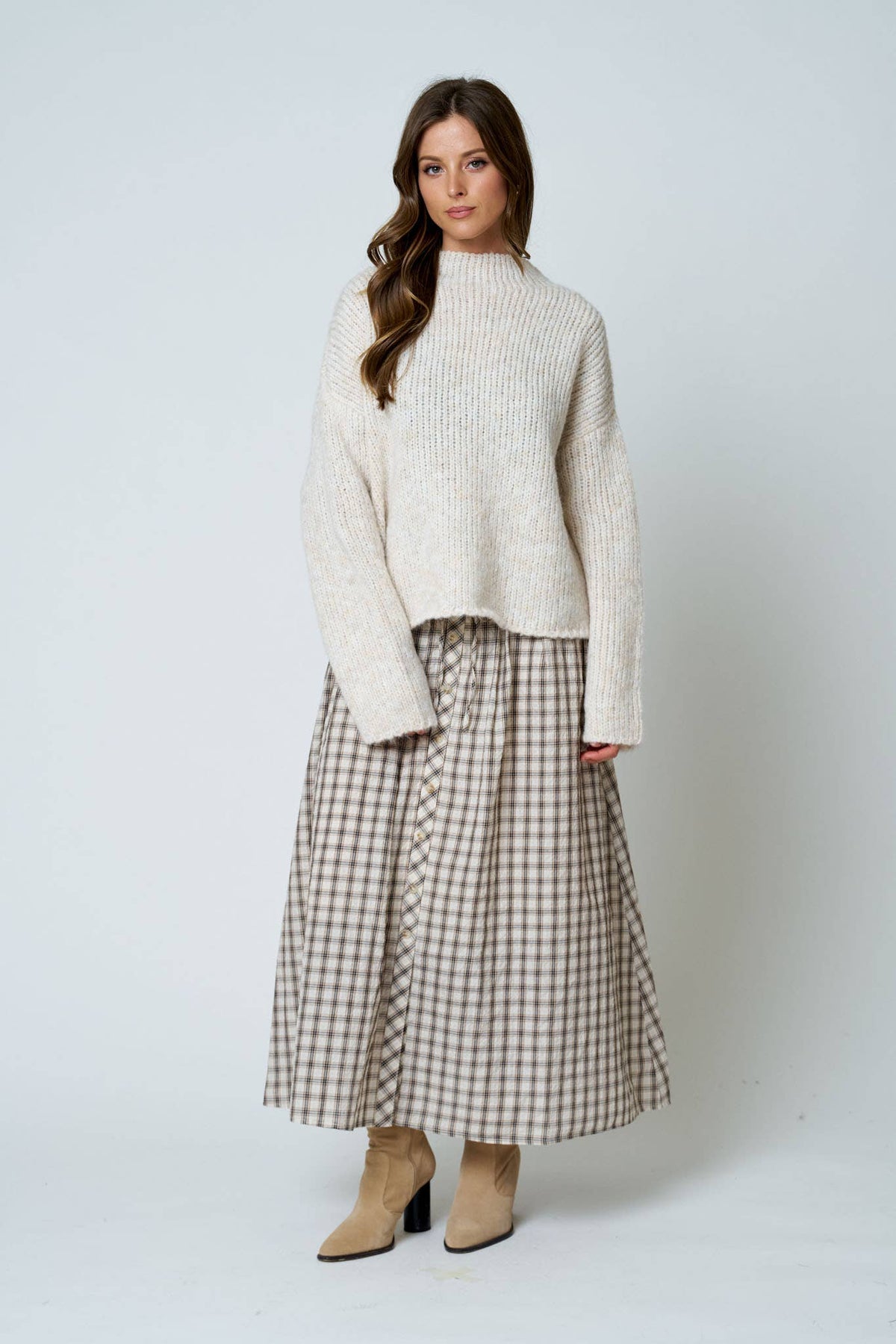 Brown Plaid Smocked Waist Midi Skirt