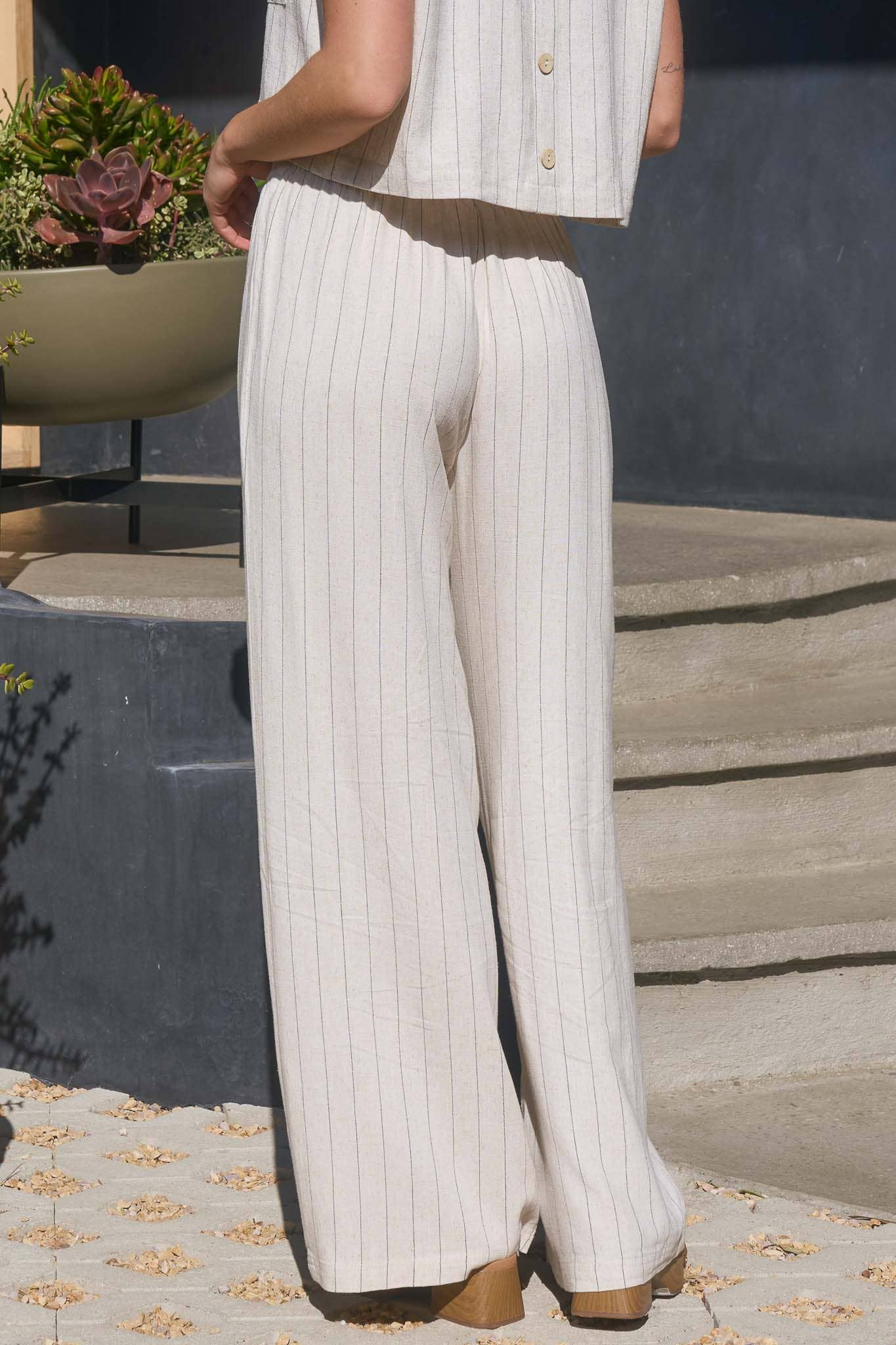 Pinstripe Wide Leg Linen Blend Pants