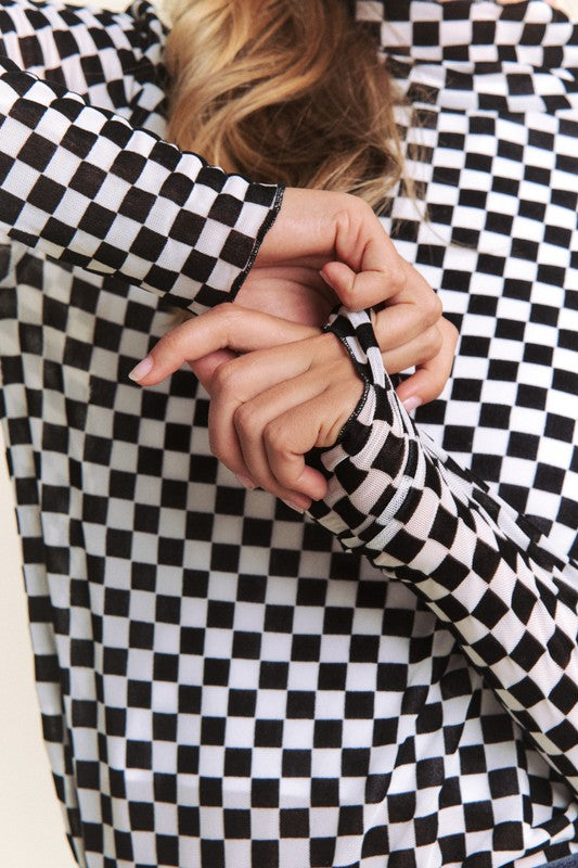 Checkerboard Mesh Sheer Top