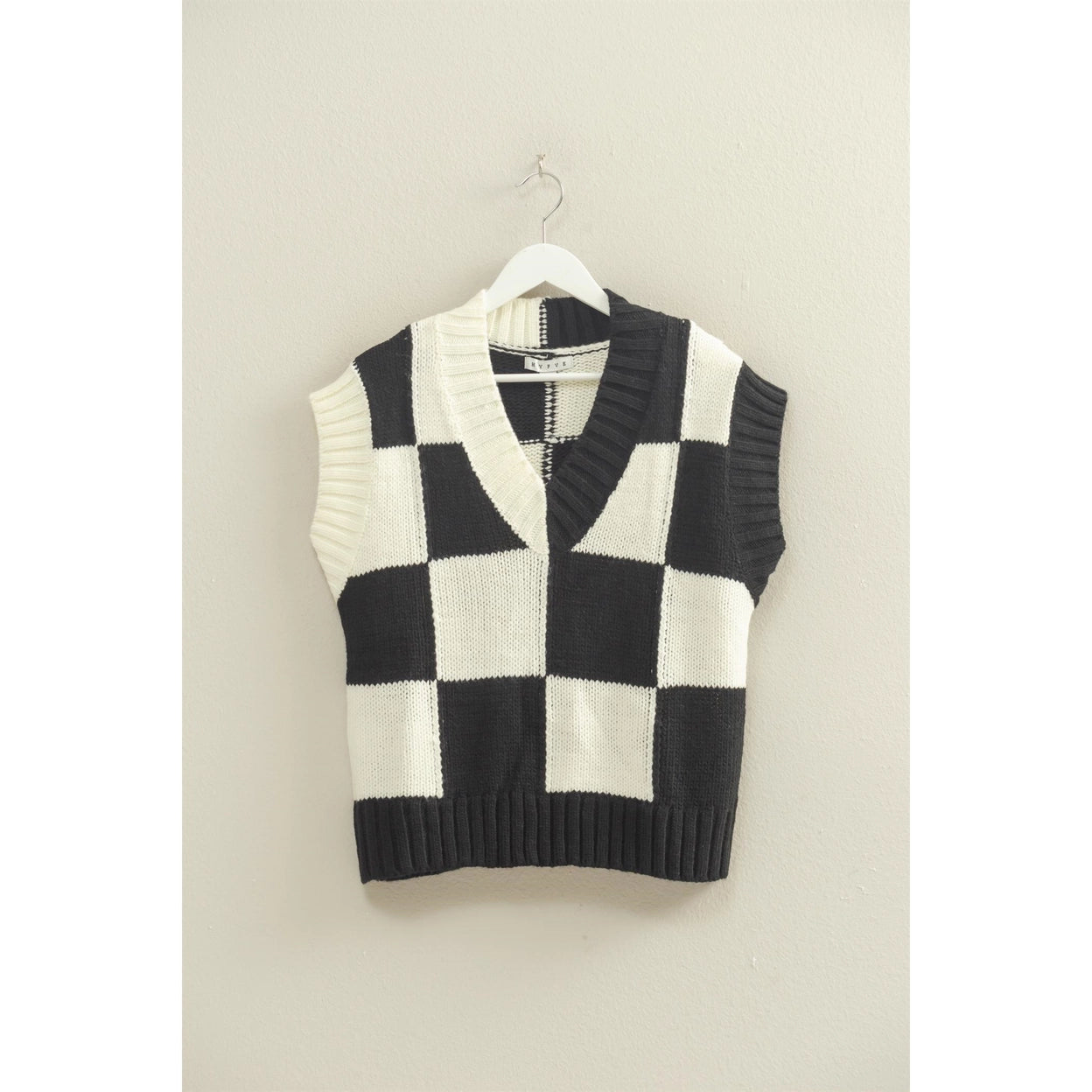 V-Neck Checkerboard Knit Sweater Vest
