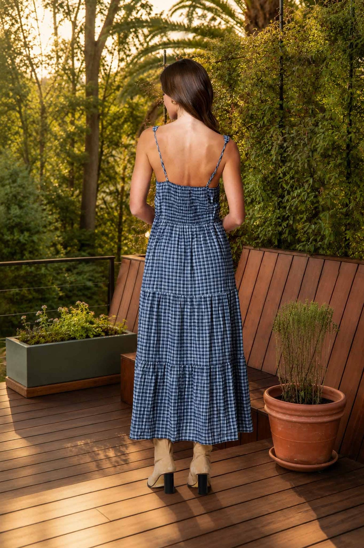PLAID FRONT TIE CORSET MIDI DRESS