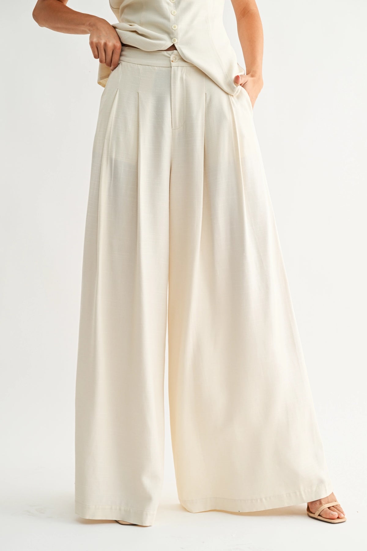 Linen Blend Wide-Leg Pleated Trousers
