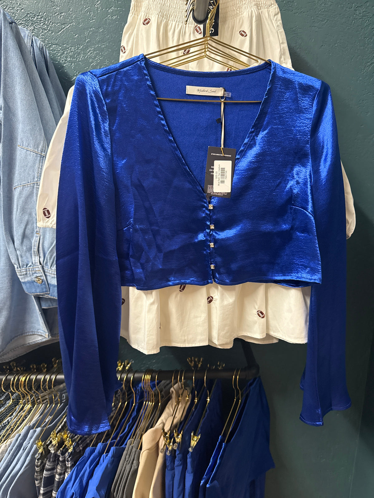 Blue Satin Bell Sleeve Top