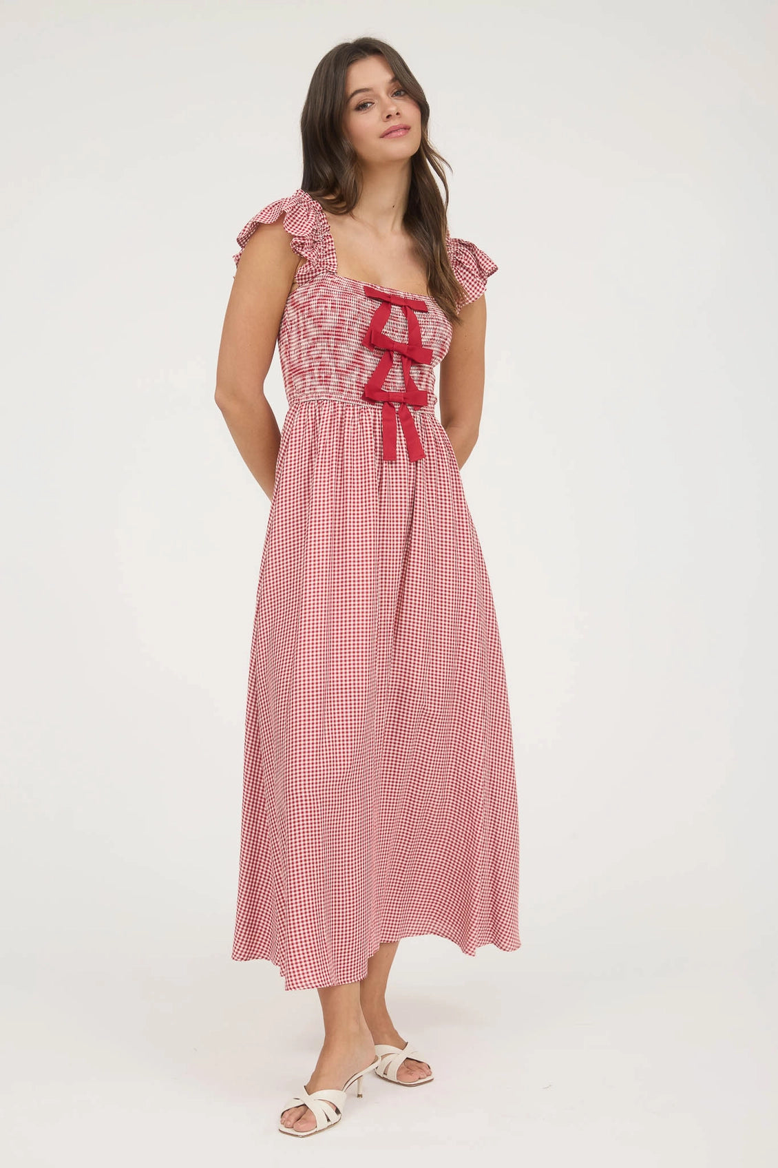 Red Gingham Bow Detail Christmas Maxi Dress